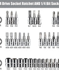 Heavy Duty 46 Piece Drive Socket Ratchet Wrench Set showing 1/4 inch metric hex sockets and bit sockets for automotive repairs