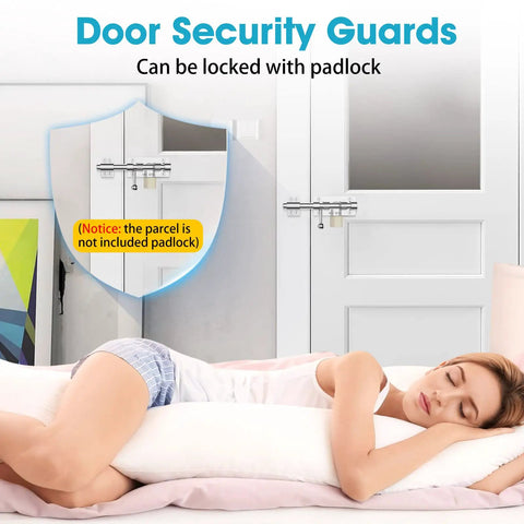 Sleeping woman next to door secured with Super Tough Heavy Duty Slide Bolt Gate Latch Barrel Bolt Lock, no padlock included.