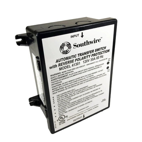 Beefy 30A Reverse Polarity Transfer Switch For RV And Home Electrical Setups With Durable Construction Safe Quick Install Multi Color Housing High Amp Switching Great For Shore Power And Generator Swaps, black enclosure