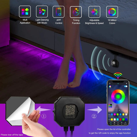 Motion Activated Under Bed Lights With 2x9.84 Ft RGB LED Strips Sensor Auto On In The Dark showing app control features