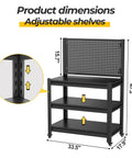 Heavy Duty 1000 Pound Rolling Workbench With Removable Pegboard And Smooth Rolling Tool Cart For Garage Shop Setup showing product dimensions and adjustable shelves.