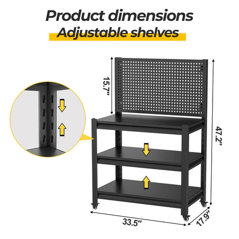 Heavy Duty 1000 Pound Rolling Workbench With Removable Pegboard And Smooth Rolling Tool Cart For Garage Shop Setup showing product dimensions and adjustable shelves.