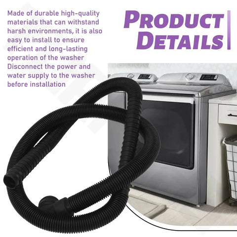 Washer Drain Hose Replacement Compatible With Maytag 1CWTW4 2DWTW 3DWTW 3LWTW 3NWTW4800 3SWTW4800 4GWTW 4GMVW 4KMVW 4KNTW 7MMVW Series Plug And Play No Fuss Install Flexible Hose For Quiet Leak Free Draining. Black flexible washer drain hose installed on a front-load washer.