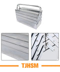 Premium 18 Inch Stainless Steel Folding Tool Box With Cantilever Multi Tray Organization And Comfortable Carry Handles Heavy Duty Auto Repair Gear Chest Built Different For Shop Mechanics And Weekend Wrenchers, showing cantilever design and sturdy handle.
