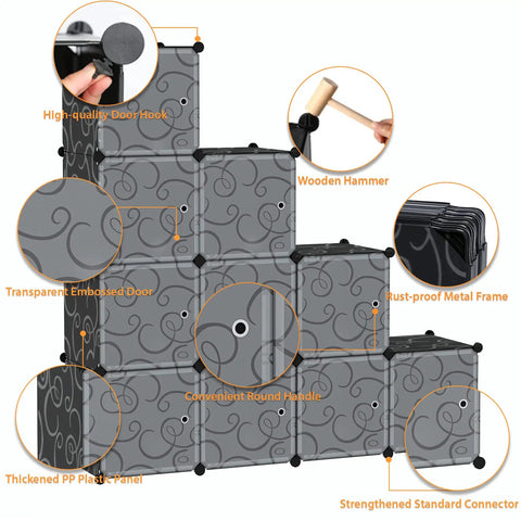 12 Cube Storage Organizer With Doors For Bedroom And Living Room, DIY Plastic Modular Bookshelf Cabinet showing connectors and tools.