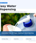 Close-up of Foldable Water Container With Spigot For Camping And Hiking pouring water into a cup, showcasing leak resistant pour spout.