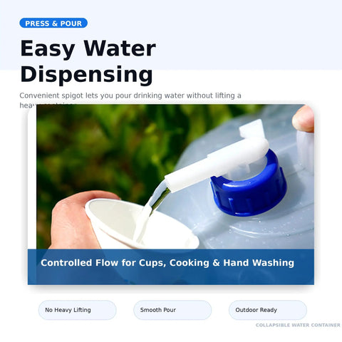 Close-up of Foldable Water Container With Spigot For Camping And Hiking pouring water into a cup, showcasing leak resistant pour spout.