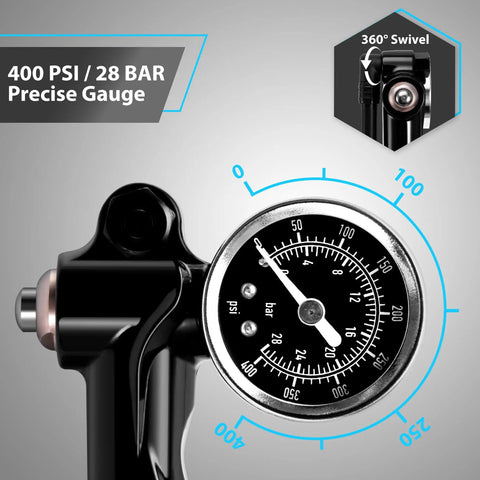 High Pressure Shock Pump Up To 400 PSI For Mountain Bikes Fork And Rear Suspension With Alloy Gauge And Air Bleed Fits Schrader Valve