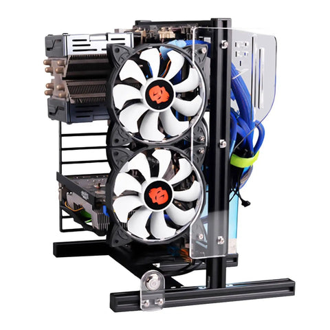 Side view of Open Air PC Case Frame For DIY Builds, Vertical Test Bench Chassis Rack For ITX ATX MATX Motherboards with fans installed