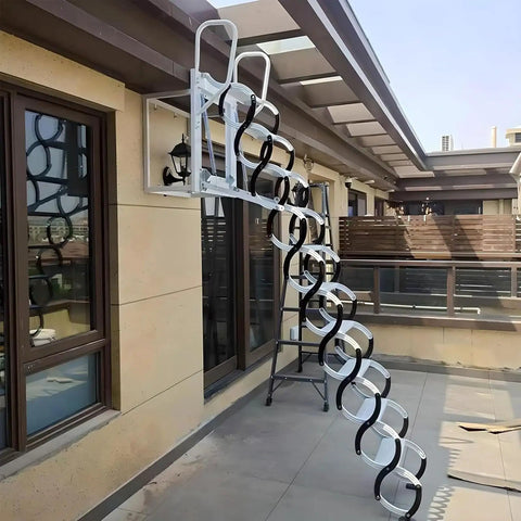 Electric Attic Stairway With Fold Down Telescopic Steps And Secure Handrails installed outside, showing black steps and sturdy frame.