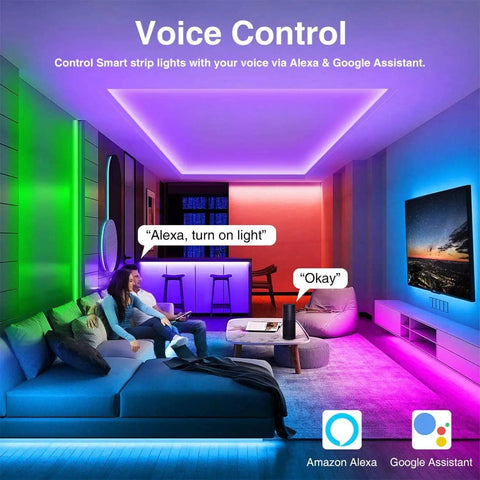 WiFi Smart LED Light Strip Kit 65.6ft Non Waterproof 5050 RGB LED Tape installed in a living room, compatible with Alexa and Google Assistant.