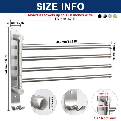 Swivel Towel Rack With 4 Arm Design, 13.8 Inch 304 Stainless Steel Wall Mounted Towel Holder, Space Saving, Rustproof