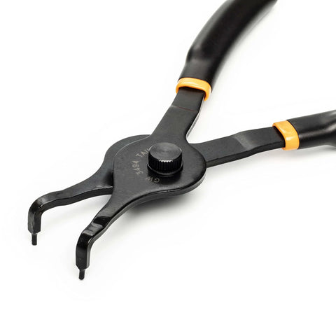 Close-up of 12 Piece Snap Ring Pliers Set With Straight, 45 Degree And 90 Degree Jaws For Deep Access, focused on the fixed tip