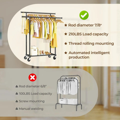 Straight Up Solid Double Rod Clothes Rack That Rolls Buttery Smooth Hang Tops Bottoms Bags Easily Metal Wardrobe Stand Total Game Changer For Bedroom Storage Or Closet Organizers Black