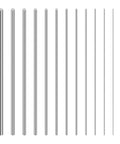 Front view of stainless steel music wire rods in varying diameters, vertically aligned.
