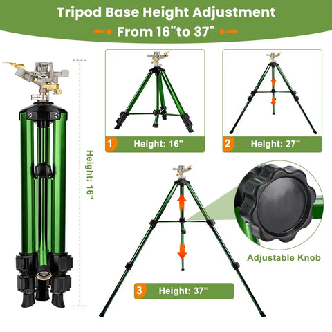Two Pack 360 Degree Rotary Lawn Sprinklers On Metal Tripod Bases with adjustable height shown from 16 to 37 inches