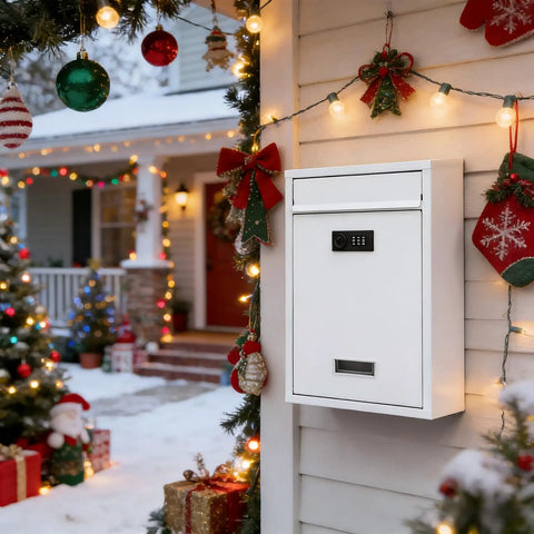 Outdoor Wall Mount Mailbox With 3 Digit Combination Lock, Weatherproof Drop Box For Mail, Donations, Ballots Or Suggestions, No Nonsense Security For Home Office Or School, White 12.4H By 8.54L By 3.35W installed on a decorated holiday porch.