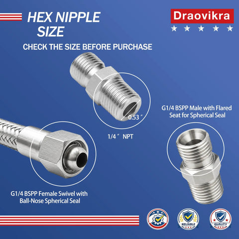 Heavy Duty Air Compressor Quick Connect Jumper Hose 20 Inch Long Features Quarter NPT Male To Quarter BSPP Female Swivel Connection Rated For 870 PSI, detailed hex nipple size image.