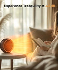 Cozy Plug-In Space Heater With 2 Second Fast Heating And PTC Ceramic on a table near person reading, emitting warm light