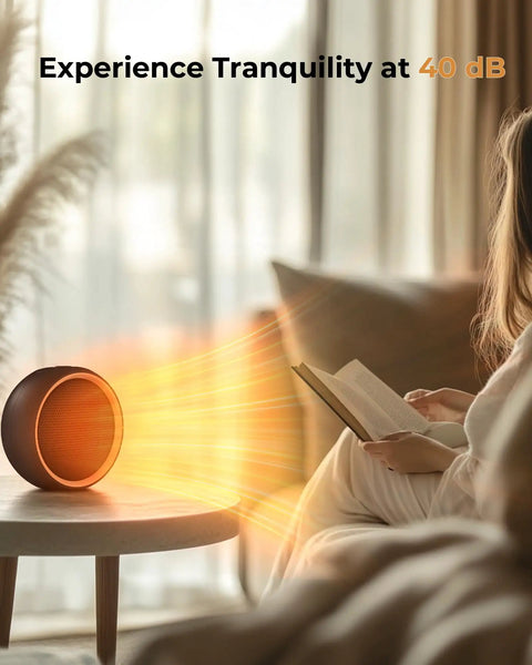 Cozy Plug-In Space Heater With 2 Second Fast Heating And PTC Ceramic on a table near person reading, emitting warm light