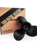 10 And A Quarter Diameter Propeller For Suzuki Outboard Engines 25 To 30HP Right Rotation 3 Blade 10 Tooth Spline 10 Pitch OEM Grade Performance 58100 96410 019 in front of packaging box