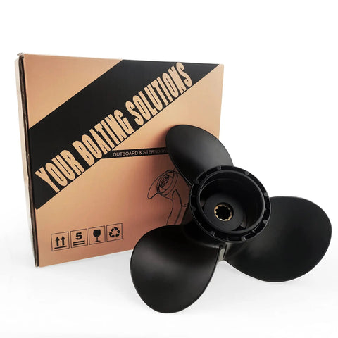 10 And A Quarter Diameter Propeller For Suzuki Outboard Engines 25 To 30HP Right Rotation 3 Blade 10 Tooth Spline 10 Pitch OEM Grade Performance 58100 96410 019 in front of packaging box