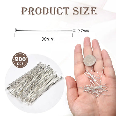 Flat Head Pins For Jewelry Making 200 Pack 1.18 Inch 22 Gauge Silver Headpins Brass Beading Pins For DIY Craftin Necklaces Bracelets Earrings Easy To Use Craft Supplies For Creative Beaders And Hobbyists, 30mm x 0.7mm