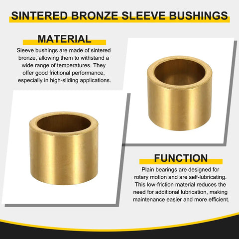 12Pcs Sleeve Bearings Self Lubricating Sintered Bronze Bushings, 10mm Bore, 12mm OD, high-temp tolerance highlighted