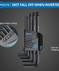 Ultra Durable 9 Piece Allen Wrench Set 1.5 To 10 Mm Hex Keys with holder, visible coding, and hanging hole, black design