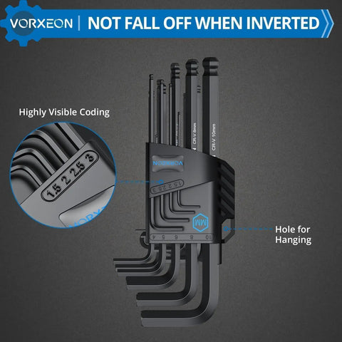 Ultra Durable 9 Piece Allen Wrench Set 1.5 To 10 Mm Hex Keys with holder, visible coding, and hanging hole, black design