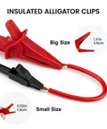 23 Piece Multimeter Test Lead Kit With Replaceable Probes, Alligator Clips, Test Hooks, And Flexible Wires For Digital Electrical Testing, Pro Grade Performance For Everyday Use showing insulated alligator clips, big and small size.