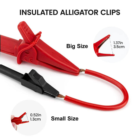 23 Piece Multimeter Test Lead Kit With Replaceable Probes, Alligator Clips, Test Hooks, And Flexible Wires For Digital Electrical Testing, Pro Grade Performance For Everyday Use showing insulated alligator clips, big and small size.