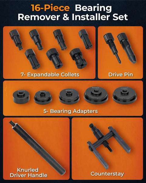 2 In 1 Blind Hole Bearing Puller And Bearing Press Kit For Bicycle And Motorcycle, Beefed Up Pro Grade 16 Piece Set Components
