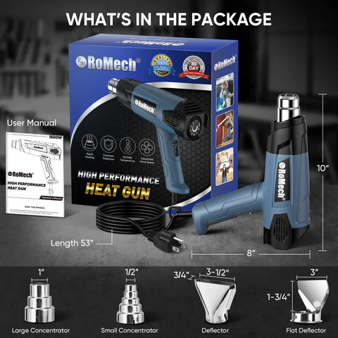 Beast 1500W Heat Gun Kit With Variable Temperature Control And Twin Airflow Settings Hot Air Gun For Crafts And Shrink Wrap 120F To 1200F Range Includes 4 Nozzles Blue shown with packaging and nozzles