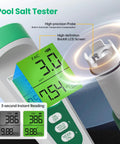 5 In 1 Digital Salt Tester And PH Meter For Saltwater Pools showing high-definition LCD screen and titanium probe for precise water testing.