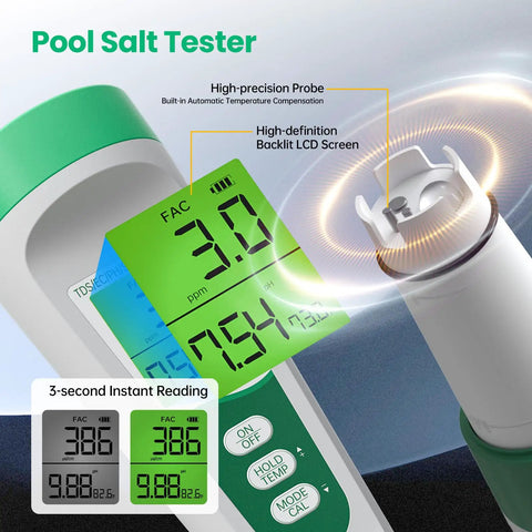 5 In 1 Digital Salt Tester And PH Meter For Saltwater Pools showing high-definition LCD screen and titanium probe for precise water testing.