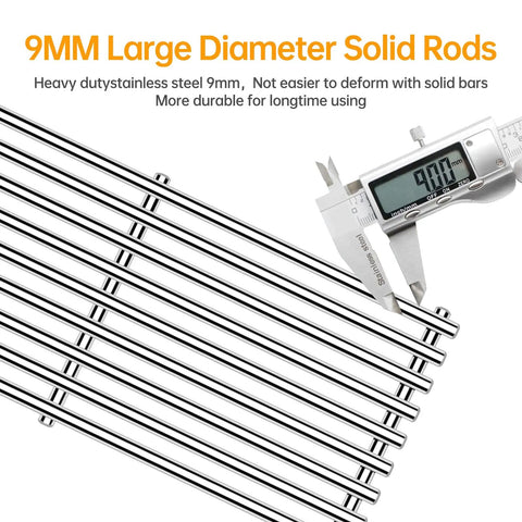 Heavy Duty Thick 9Mm Stainless Steel Cooking Grates Four Pack showing solid rods with precision measurement caliper.