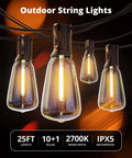 Outdoor String Lights 25 Foot LED Patio Lights With Shatterproof Edison Bulbs And Spare Connectable Up To 78 Strands IPX5 Waterproof