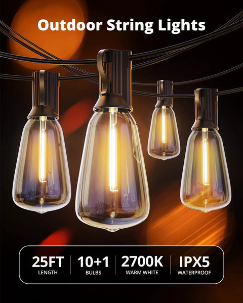 Outdoor String Lights 25 Foot LED Patio Lights With Shatterproof Edison Bulbs And Spare Connectable Up To 78 Strands IPX5 Waterproof