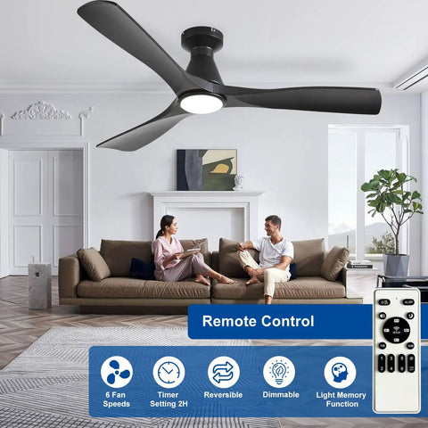 52 Inch Black Low Profile Flush Mount Ceiling Fan With Light 3 Blade Dimmable Remote Control Ultra Quiet DC Motor Timer