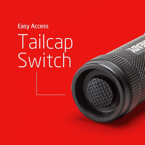 Close-up of the tailcap switch on Four Pack LED Tactical Flashlights S300 Pro IPX4 Waterproof Beefy Bright EDC Torches For Camping