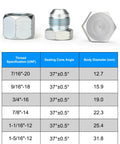 JIC Plug And Cap Kit 72Pcs 37 Degree Flare Fittings Set with dimension chart and flare fittings on display