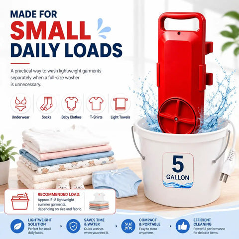 Portable 5 Gallon Mini Clothes Washer With Digital Timer And Quick Turn Spin Action handles socks, underwear, and baby gear.