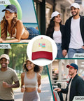 Collage of people enjoying activities with Breathable Women's Outdoor Trucker Hat With Adjustable Strap Lightweight Mesh Crown All Day Comfort For Sun Hiking And Street Style Classic Cap For Everyday Wear.