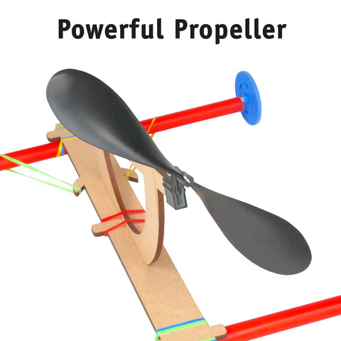 Close-up of Hands On Rubber Band Propeller Car Kit showing laser-cut parts and rubber band assembly for STEM projects.