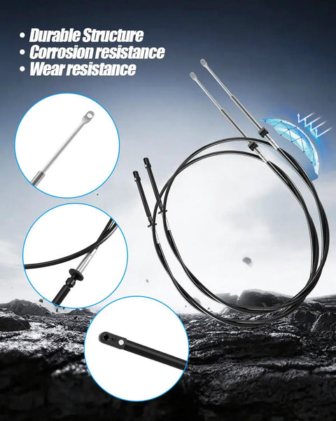 18Ft Marine Throttle And Shift Remote Control Cable Set Replacement 0173118 For Johnson Evinrude OMC BRP Outboard Engines 1979 Through 2026, showing dual cables with corrosion resistance feature and detailed connectors.