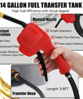Close-up of a red manual nozzle and black hose for a 14 Gallon Portable Diesel Fuel Tank On Wheels With Siphon Pump And 10 Ft Hose.