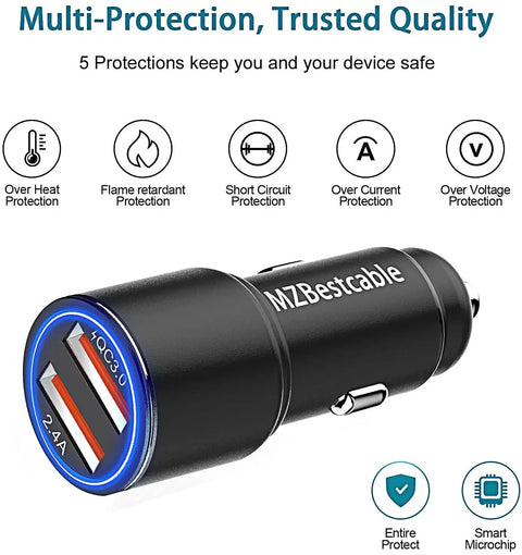 Keep Your Rig Charged Dual Port Car Charger With Quick Charge 3.0 displaying dual USB ports and safety features.