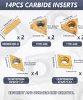 Indexable Lathe Turning Tools Set With Three Eighths Inch And Ten Millimeter Shanks, 14 carbide inserts diagram