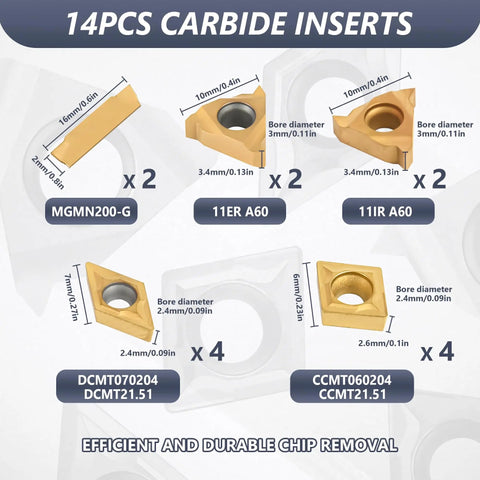 Indexable Lathe Turning Tools Set With Three Eighths Inch And Ten Millimeter Shanks, 14 carbide inserts diagram